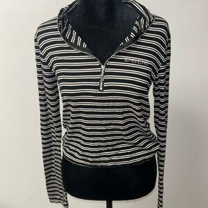 Bebe Logo Striped Zipper Top Medium Black White Long Sleeves Crop Top